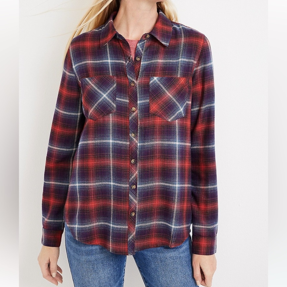 343. MAURICES Size 0x Dark Plum Cabin Plaid Button Down Shirt NWT